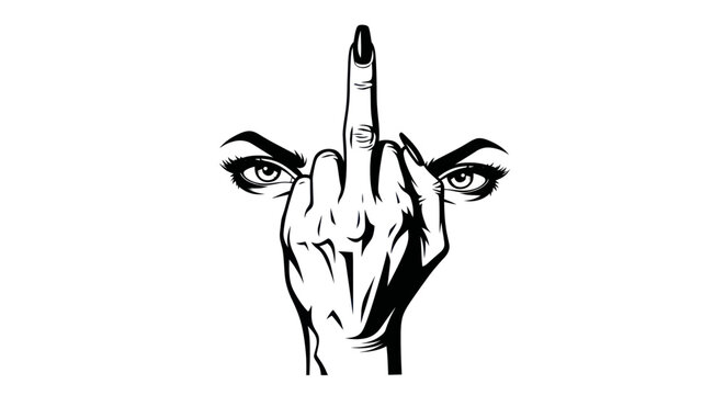 Woman's Hand Showing Middle Finger with Intense Eyes, Vector Art