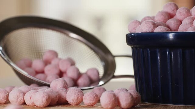 Cooking, boiling brown sugar flavor tapioca pearl balls, chinese food, ingredient of bubble tea, preparing food and drink, close up, recipe cookbook steps design concept.
