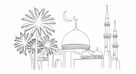 Fototapeta premium Beautiful Islamic Mosque with Palm Trees and Crescent Moon Illustration