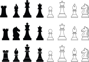 Chess pieces icon collection, king queen rook bishop knight pawn silhouettes and outlines, strategy board game vector illustration set © MDRAKIB