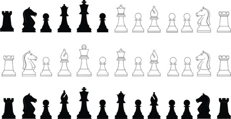 Chess pieces icon set, black and white chessboard figures collection, king queen rook knight pawn strategy game vector © MDRAKIB
