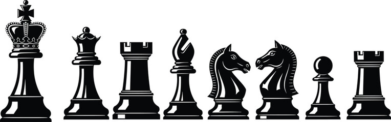 Chess pieces silhouette collection, king queen rook bishop knight pawn strategy board game icons vector illustration set © MDRAKIB