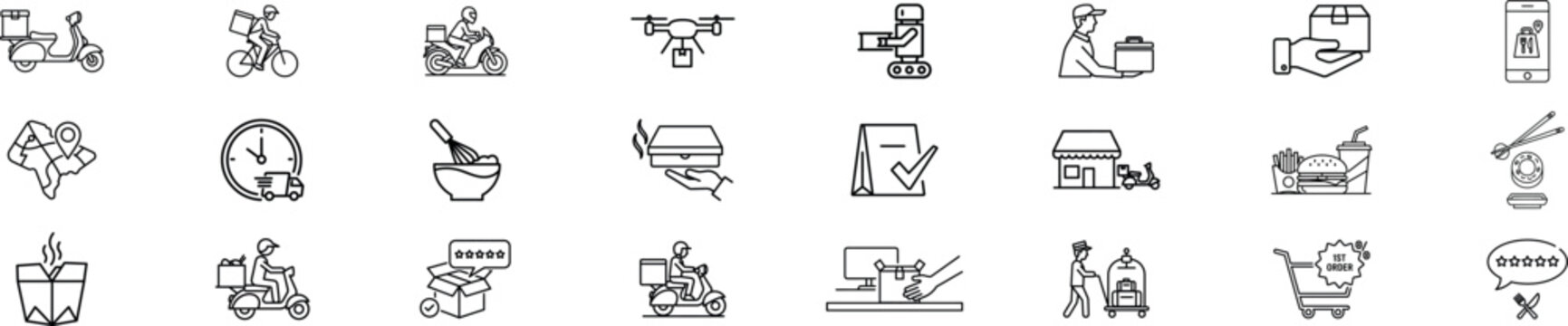 Delivery and logistics line icons set including courier service food delivery shipping package tracking drone delivery scooter transport online order minimal outline vector illustration collection