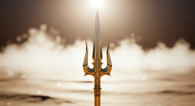 Agni Nakshatram, A majestic golden Vel (divine spear) standing vertically amidst shimmering heat haze, desert landscape background with bokeh effect