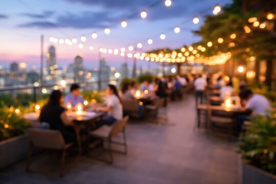 Blurred Rooftop Restaurant with String Lights and City View