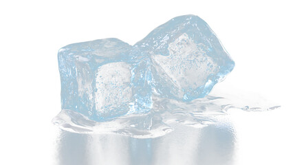 Fototapeta premium Ice cubes placed on a flat surface with melted water around them captured in a clear view on a transparent background