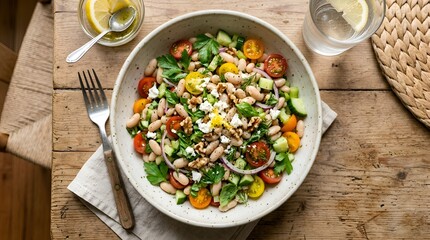 Delicious Bean and Tomato Salad with Feta Cheese, Walnuts, and Fresh Herbs in a White Bowl on a Wooden Table