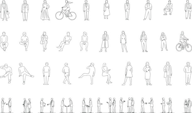 Collection of flat line vector architectural scale people figures in various poses, sitting, standing, walking, and cycling for CAD drawings