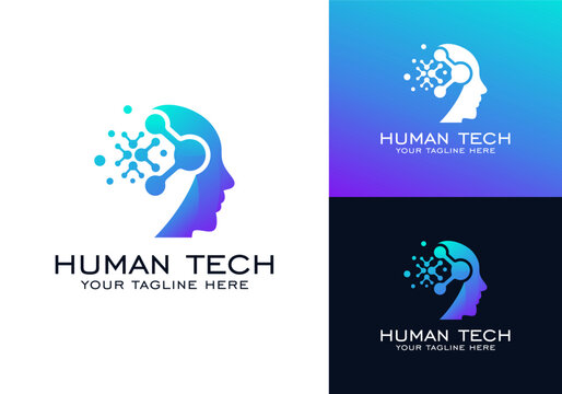 Digital human technology vector logo design template, human brain technology, human mind technology or robot technology.