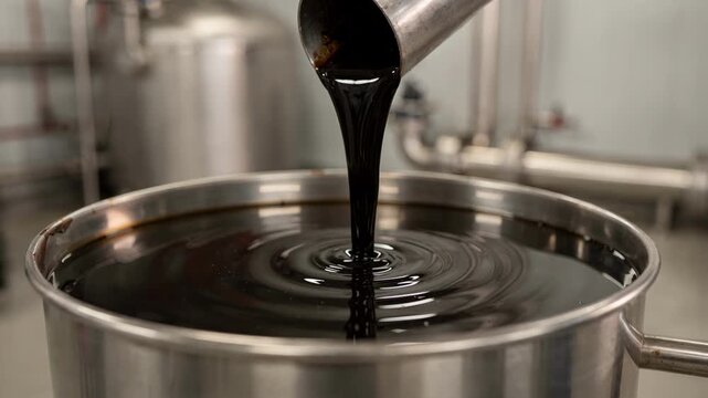 Medium shot showcasing lowimpurity coal tar binder flowing smoothly into a container emphasizing purification for superior electrode quality.