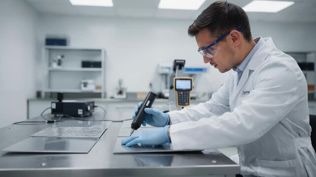 Lab technician examines grease barrier coating on test samples evaluating uniformity and performance with specialized measurement tools under bright lab lighting.