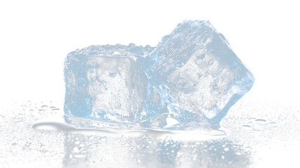 Ice cubes sit on a smooth surface with water droplets under bright lighting in a clear setting