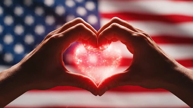 Hands forming heart shape over blurred American flag