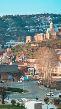 Tbilisi, Georgia. Metekhi Church And The Equestrian Statue Of King Vakhtang Gorgasali In Tbilisi, Georgia. early spring season. 5k timelapse time lapse Scenic View Of Impregnable Fortress Narikala