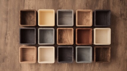 Wooden boxes displaying various shades and colors on a brown surface