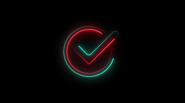 A vibrant neon checkmark symbol illuminated in red and turquoise within a glowing circle, isolated on a dark black background, representing success, verification, and completion.