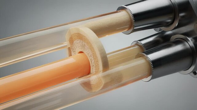 Medium shot of twin polymer streams extruding simultaneously to create sheathcore bicomponent fibers showcasing the layered structure for enhanced strength and texture effects.