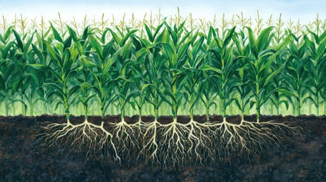 Watercolor illustration of corn plants with roots exposed agricultural concept