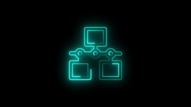 A glowing cyan neon icon of a hierarchical network structure against a dark background, symbolizing digital connectivity, organizational data flow, and modern technological architecture.