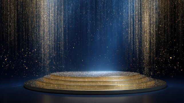 Golden podium stage with glitter particles