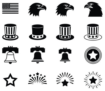 Set of Six Clean Black and White American Independence Day Silhouette Icons, professional vector pack showing U.S. flags, bald eagle motifs, and patriotic symbols, scalable illustrations