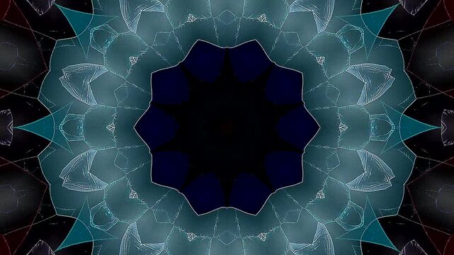 Symmetrical kaleidoscope motif with blue diamond shapes forming a glowing geometric pattern on a black background.	