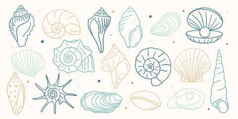 Hand drawn seashell collection. Coastal ocean shell doodle set with conch, scallop, nautilus, oyster, clam and spiral shells. Minimal line art beach elements for summer design. © Huma Fida