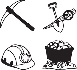 Illustrated silhouette collection features iconic tools such as a pickaxe, shovel, helmet, and ore cart, the very essence of mining.
