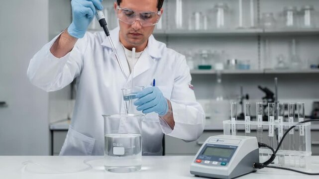 Technician conducts pH checks on brine samples using a calibrated electrode ensuring accurate onsite chemical analysis with focused attention in a clean lab environment.