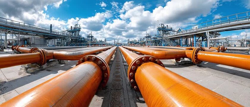 Industry Infrastructure: An industrial landscape features a network of metallic pipelines against a backdrop of a cloudy blue sky, representing the backbone of modern infrastructure.