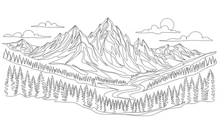 Detailed Line Drawing of Mountain Landscape with Forest. © Ardi