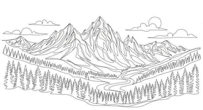 Detailed Line Drawing of Mountain Landscape with Forest.