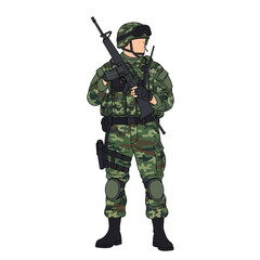 Soldier in camouflage uniform holding a rifle, ready for action