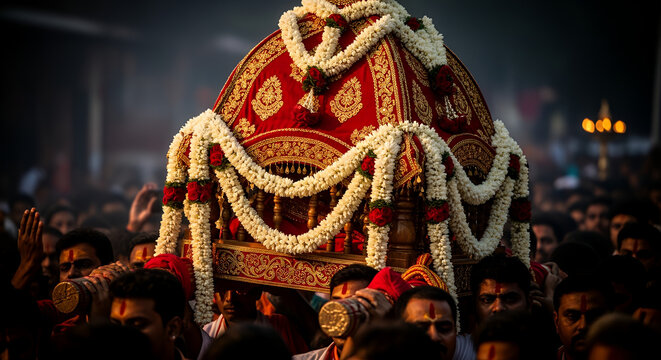 Chaitra Jatra, A decorated wooden palanquin adorned with crimson silk fabrics and dense jasmine garlands being carried through a crowd