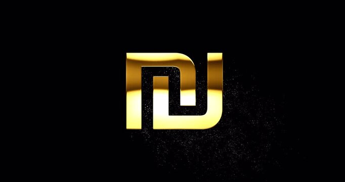 Gold shekel symbol with glare and glittering falling particles, specular highlight reflection and golden dust is drifting down from Israel shekel, ILS currency sign, footage