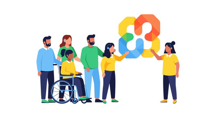 Fototapeta premium Diverse Inclusive Group with Disabilities Connecting via Abstract Symbol for Community & Accessibility