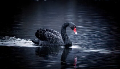 Naklejka premium Elegant Black Swan Swimming Gracefully on a Dark Lake.
