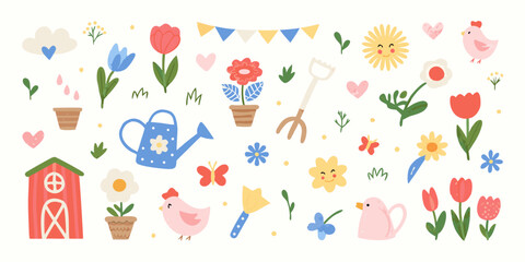 Colorful spring illustration featuring flowers birds and garden tools