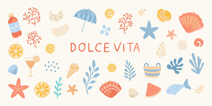 A colorful collection of summer themed illustrations and the text dolce vita