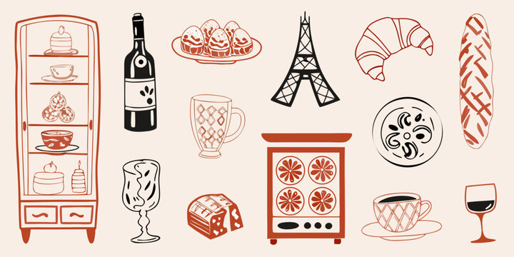 A collection of french pastries wine and iconic landmarks in sketch style