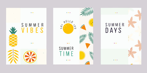 Naklejka premium Three vibrant summer themed designs with tropical fruits and text