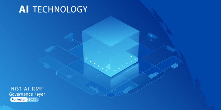 Abstract representation of ai technology with glowing cube and text overlay