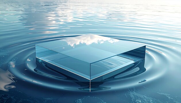 Transparent Cube Floating on Water Surface with Ripples and Reflections.