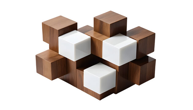 Abstract 3D Geometric Composition of Wooden and White Glossy Cubes Isolated on Transparent Background. Generative Ai