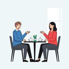 Obraz premium Couple enjoying coffee conversation at a cafe table with plant and window background
