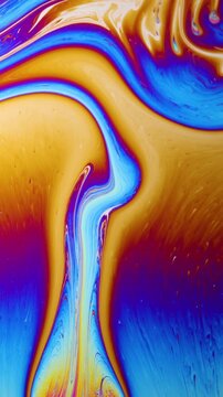 Vivid, colorful patterns flowing across the surface of a thin soap film, creating a dynamic psychedelic display as light interference reveals a vibrant and mesmerizing fluid art spectacle