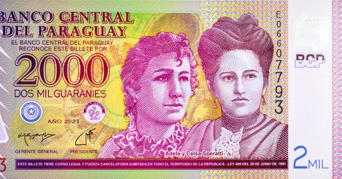 2000 Guaranies Paraguay banknote featuring Adela and Celsa Speratti. Polymer money. New money of Paraguay.