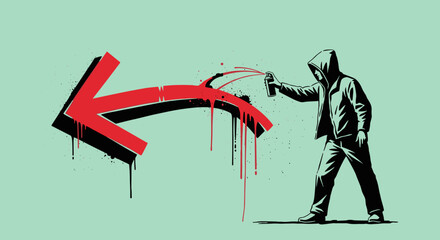 Street Artist Painting Red Arrow Symbol.