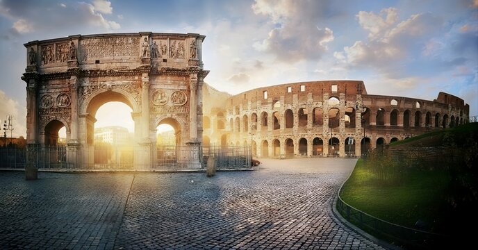 Professional photography of the Colosseum and Arch of Constantine in Rome, enhanced with a warm sunset glow and golden light