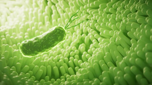 Fleshy intestinal canal lined with germs inside, 3d rendering.